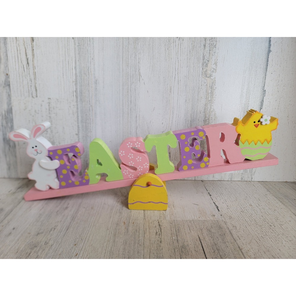 Wooden seesaw easter rabbit chick pastel tabletop home decor bunny